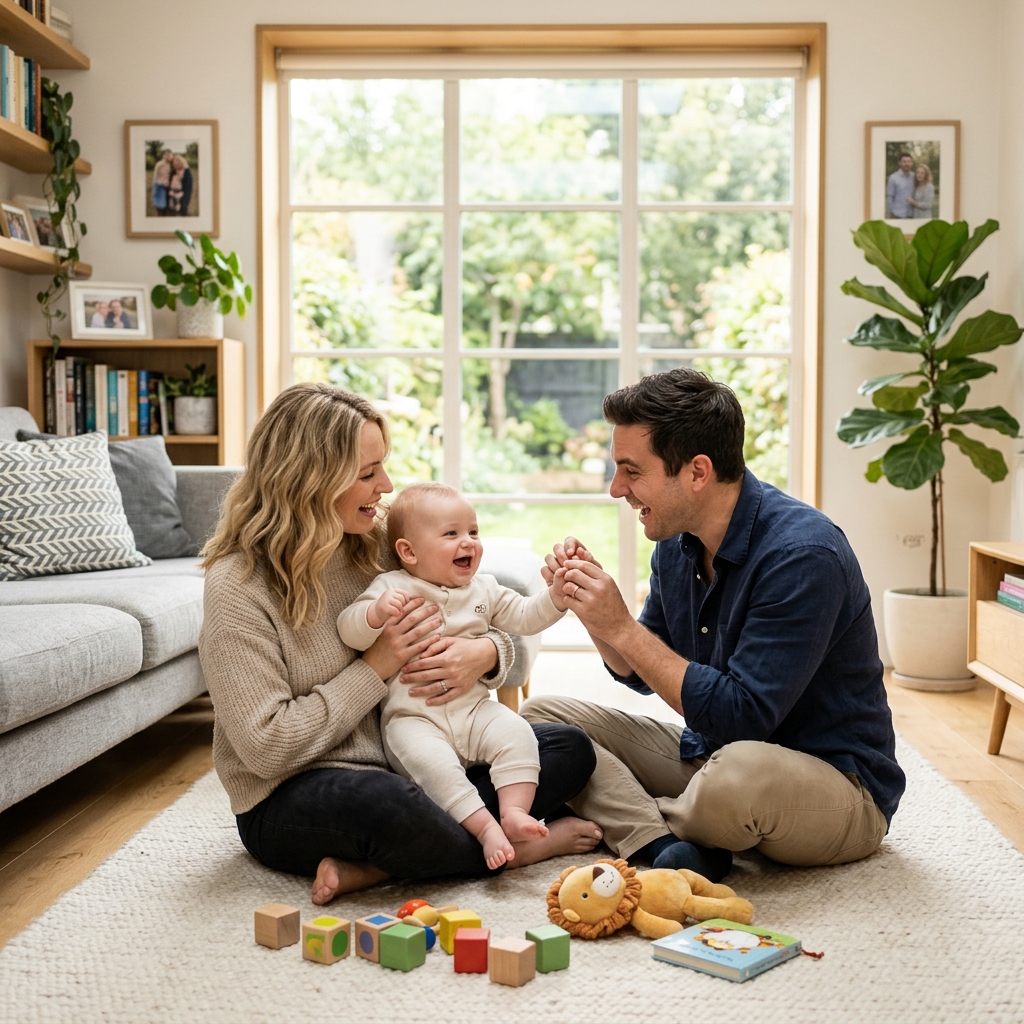 Happy couple holding baby in sunlit room representing parenting joy
