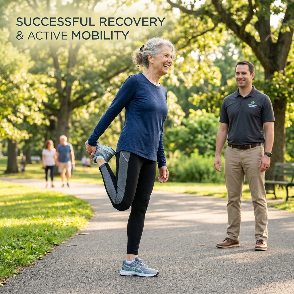Happy active woman jogging in nature representing successful ortho recovery